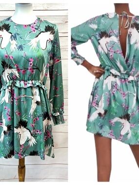 Zara Teal Crane Print Long-Sleeve Mini Dress Medium